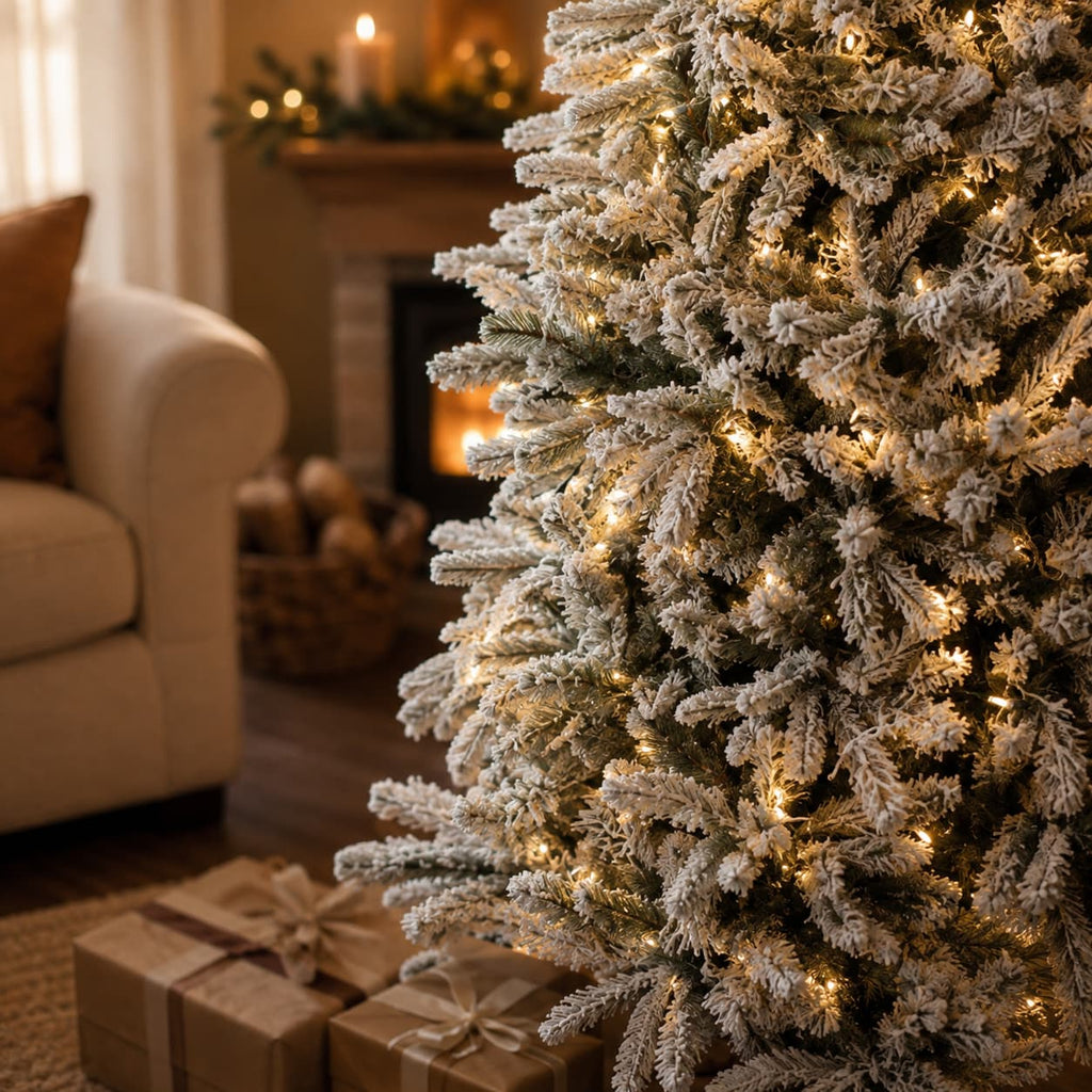 Snowy Flocked Christmas Tree with Lights