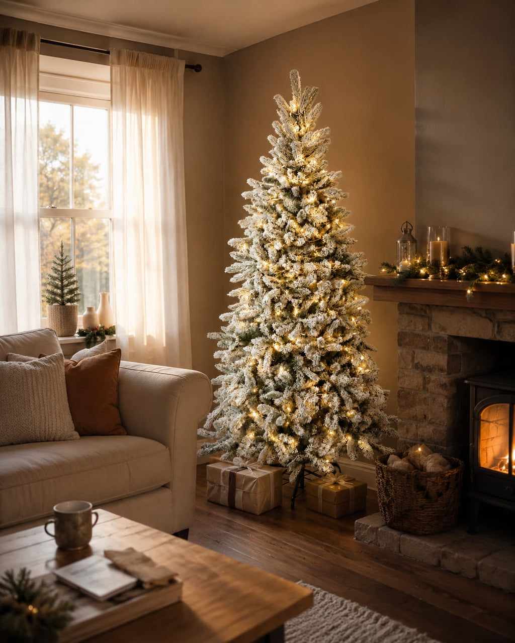 Snowy Flocked Christmas Tree with Lights