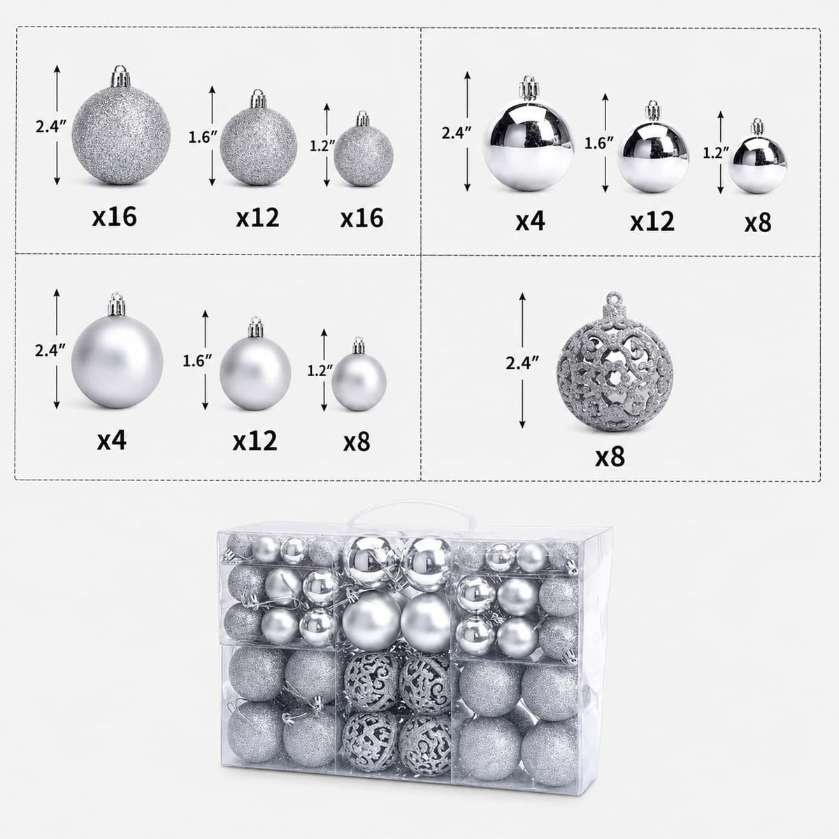 100" Silver Christmas Ornament Set